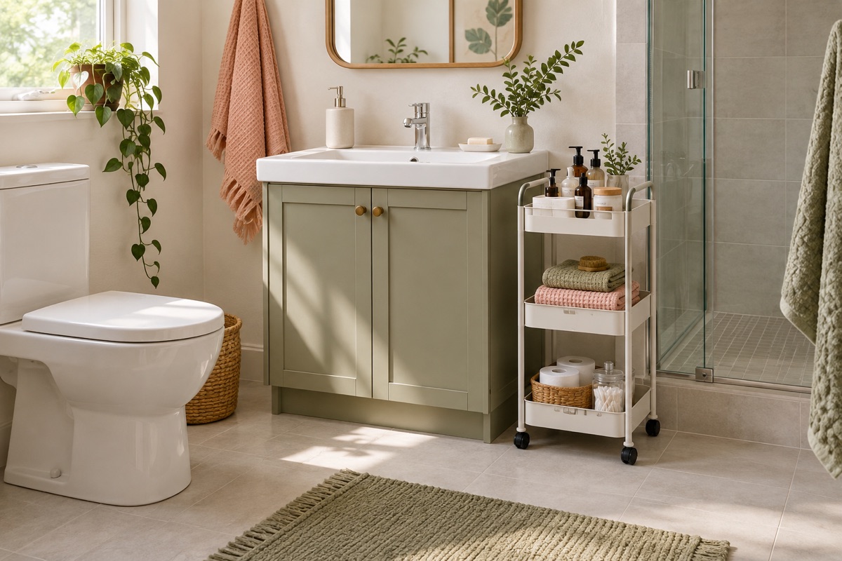 Compact bathroom with a slim rolling cart, folded towels and clear sink counter
