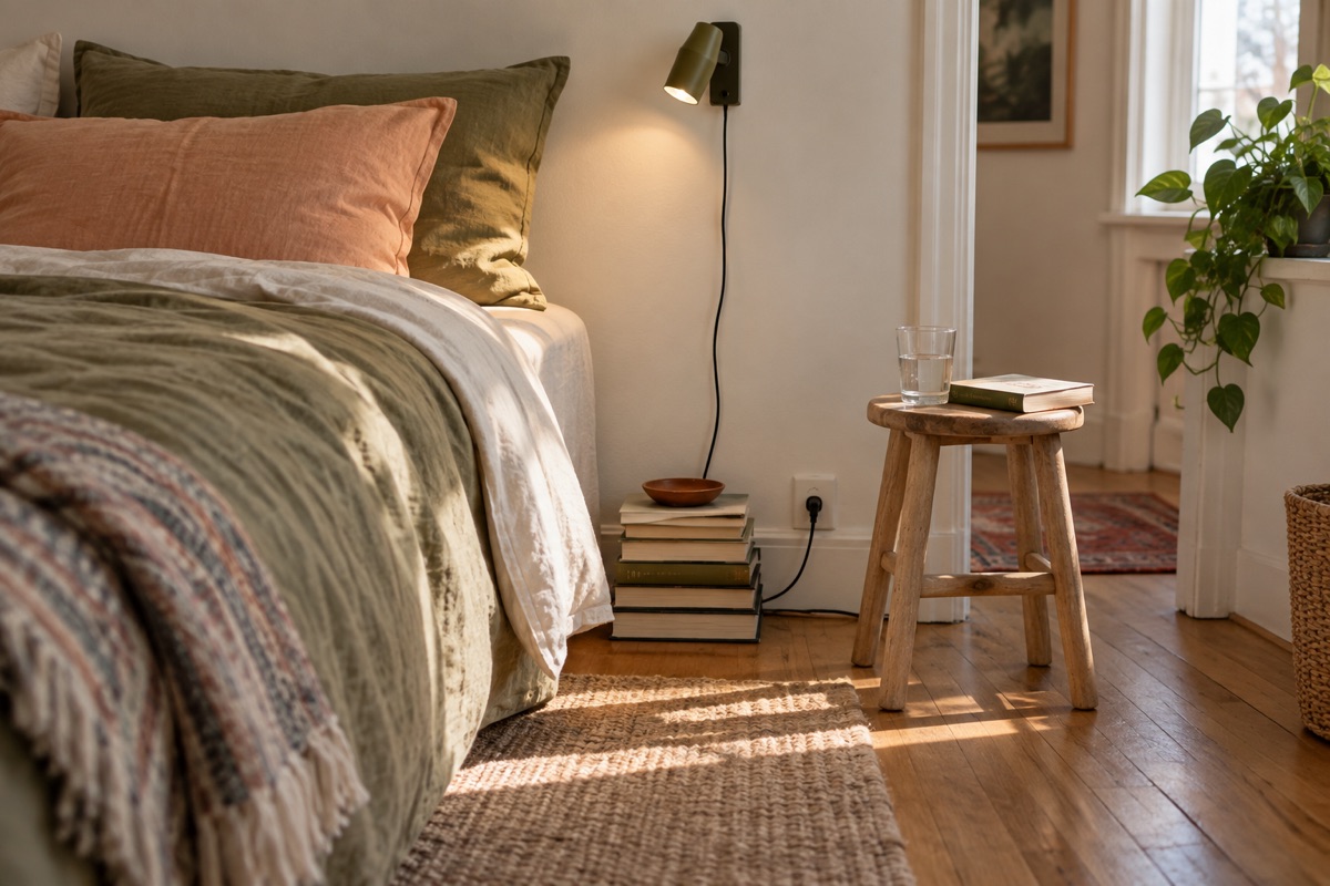 Compact bedside corner with a sturdy stool, reading light and book