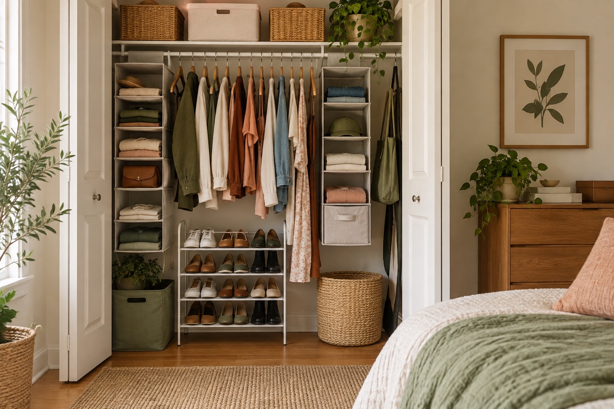 Compact closet with removable organizers, baskets and reachable clothing