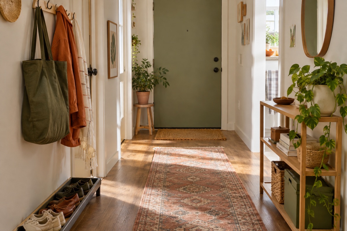 A narrow rental entry with hooks, a low shoe tray and a clear walking path