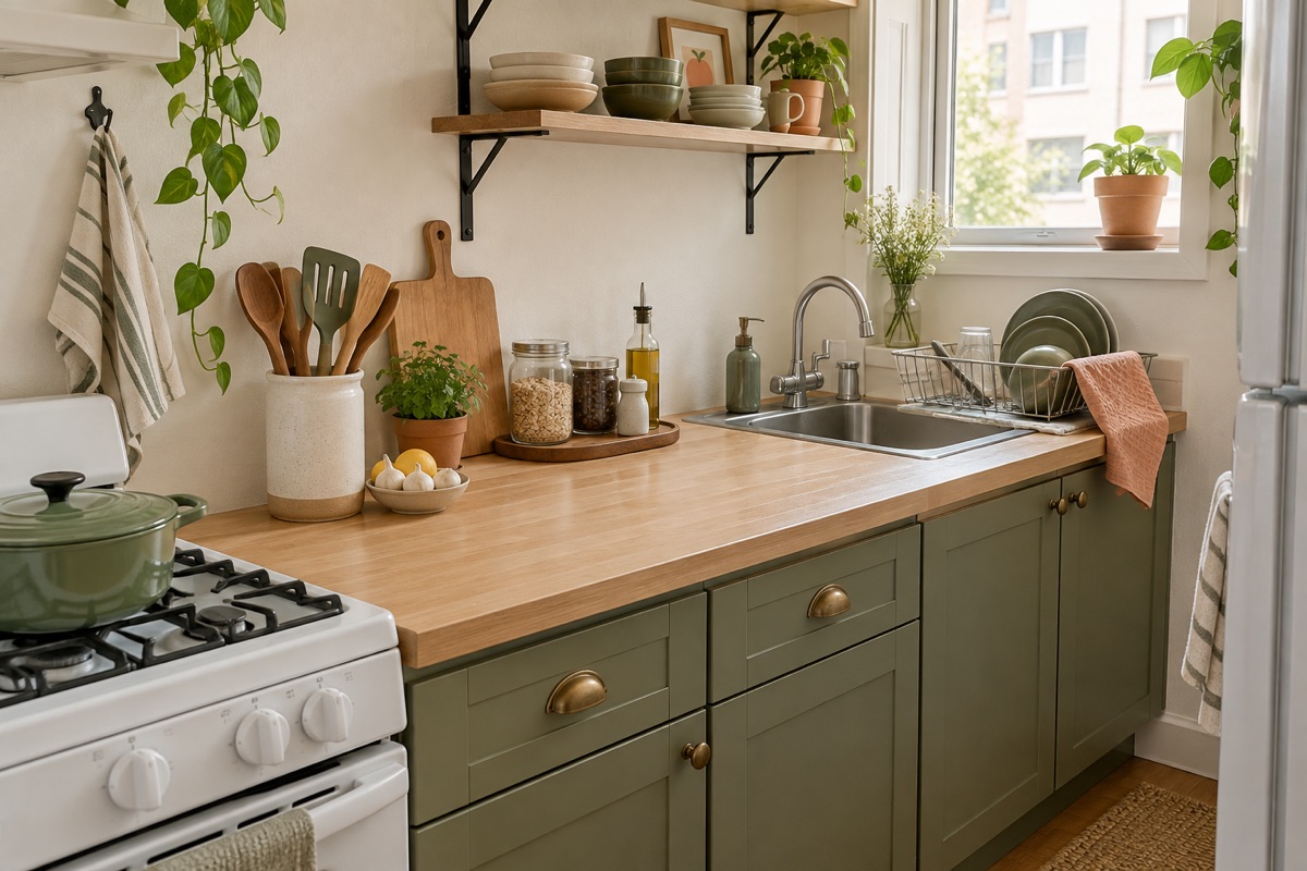 Small kitchen counter with a clear preparation area and grouped everyday tools