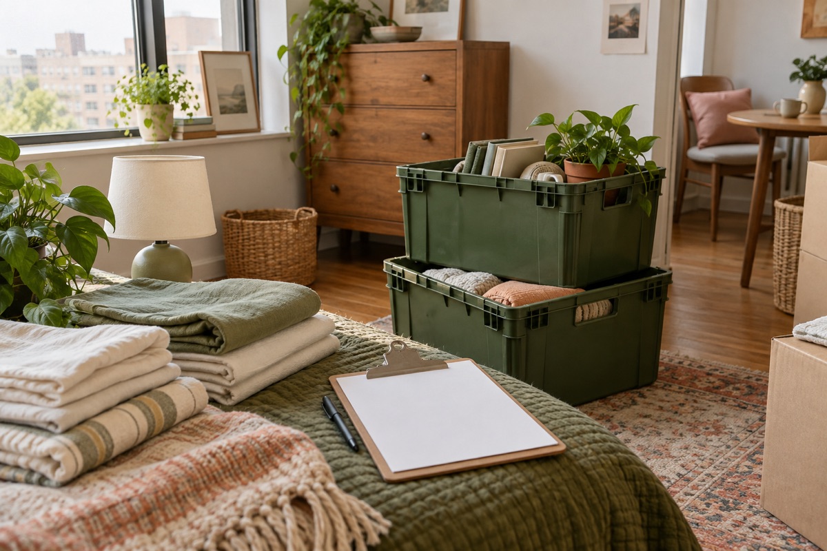 Reusable moving crates, folded linens and a lamp in a compact apartment corner
