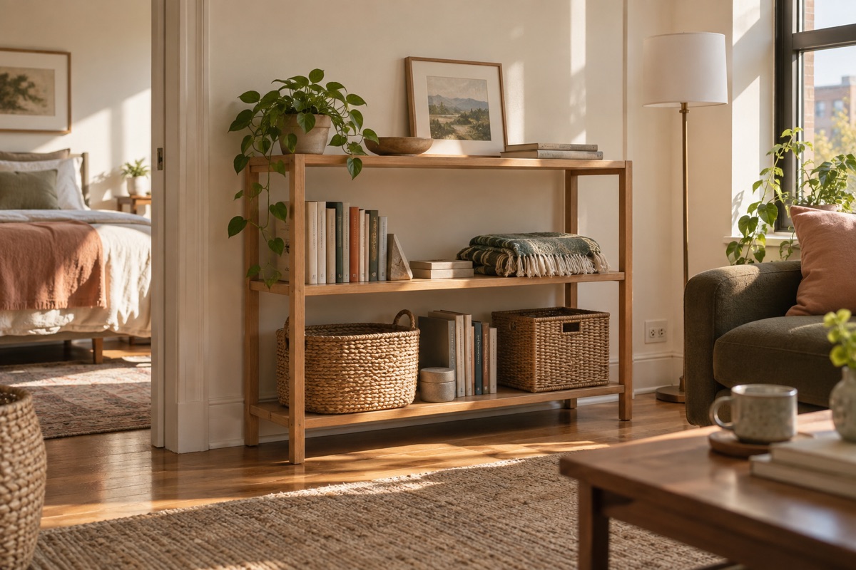 Freestanding oak shelf with lower books, baskets and open space
