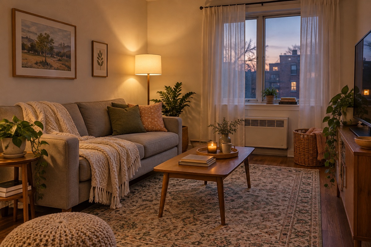 Small living room with a cotton throw, rug, sheer curtain and warm floor lamp
