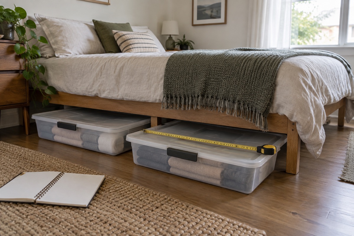 Shallow under-bed bins and a tape measure beside a low bed