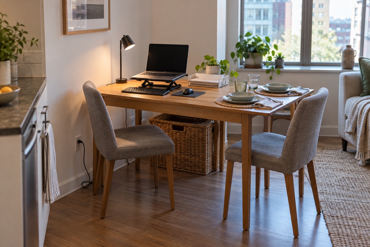 Compact table with a portable work tray, lamp and space for dinner settings