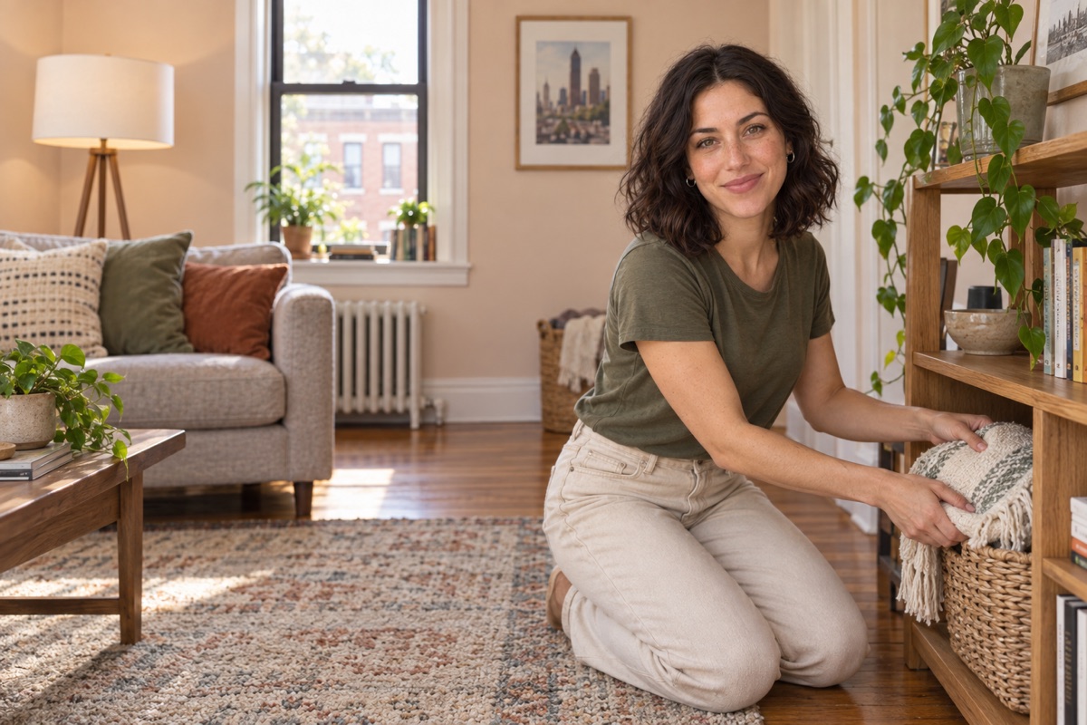 Mira beside a low shelf in a compact living room