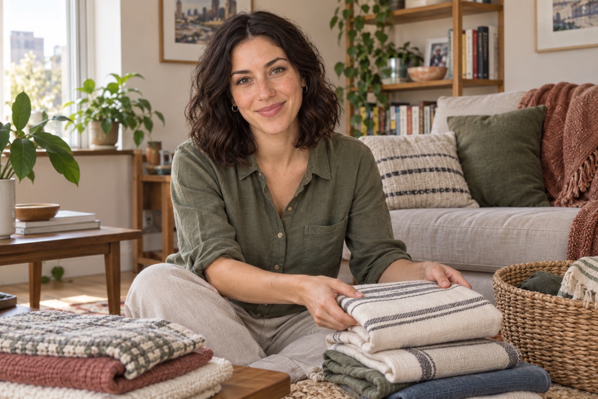 Mira sorting folded textiles beside a modest sofa
