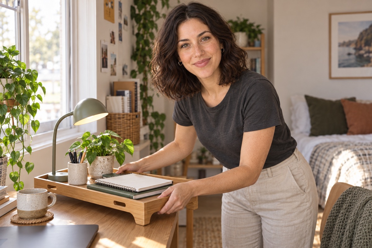 Mira arranging a portable work tray